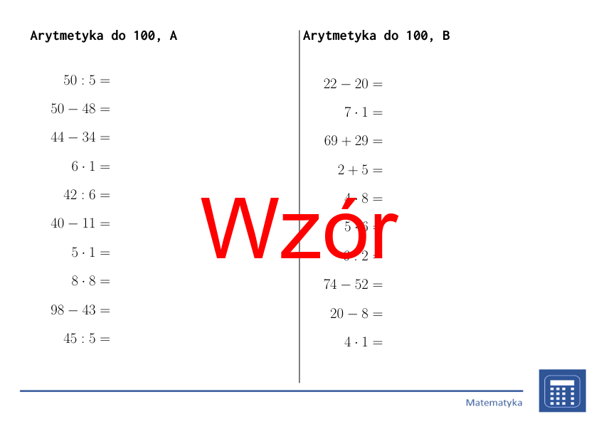 Arytmetyka do 100 | matematyka | 26 kolumn