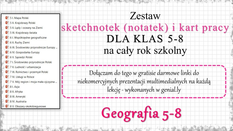 Ogromny zestaw sketchnotek i kart pracy + gratisowe linki do prezentacji multimedialnych niekomercyjnych wykonanych w genial.ly do indywidualnego pobrania i użycia do celów niekomercyjnych z GEOGRAFII do klas 5-8. Materiały wykonane są w programie power 