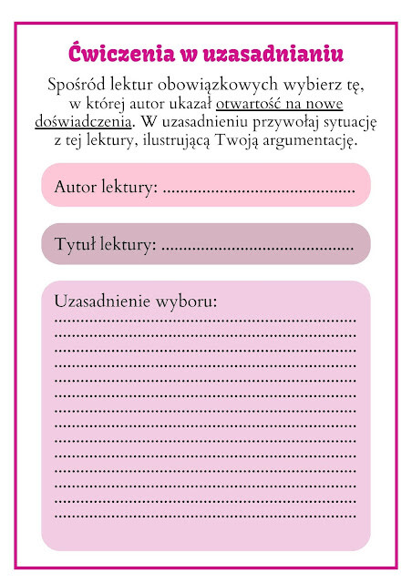 Ćwiczymy argumentowanie i utrwalamy treść lektur- karty z zadaniami na klasowym kursie redagowania wypowiedzi argumentacyjnej. Level 4