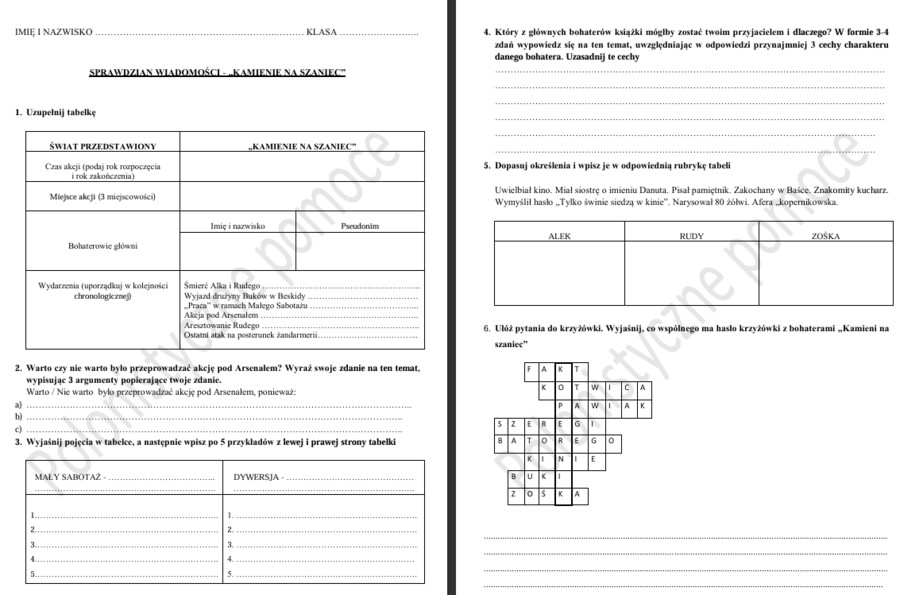 Sprawdzian z lektury "Kamienie na szaniec"