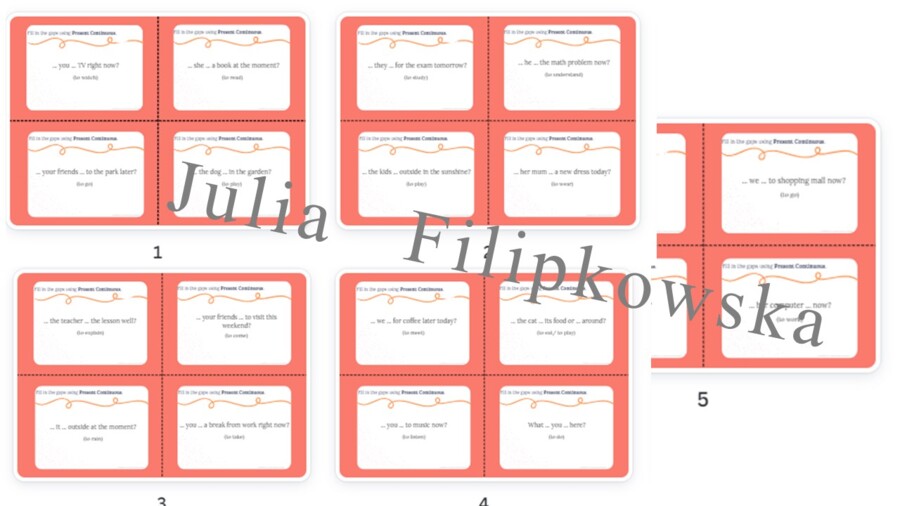 Present Continuous/ Karty do mówienia/ Mówienie/ Speaking/ Konwersacje/ Klasy 4-8/ Klasy 4-6/ Klasy 6-8/ SP/ Warm-up/ Rozgrzewka/ Speaking cards/ Gramatyka/ Grammar/ Speaking cards grammar/ Grammar cards/ E8