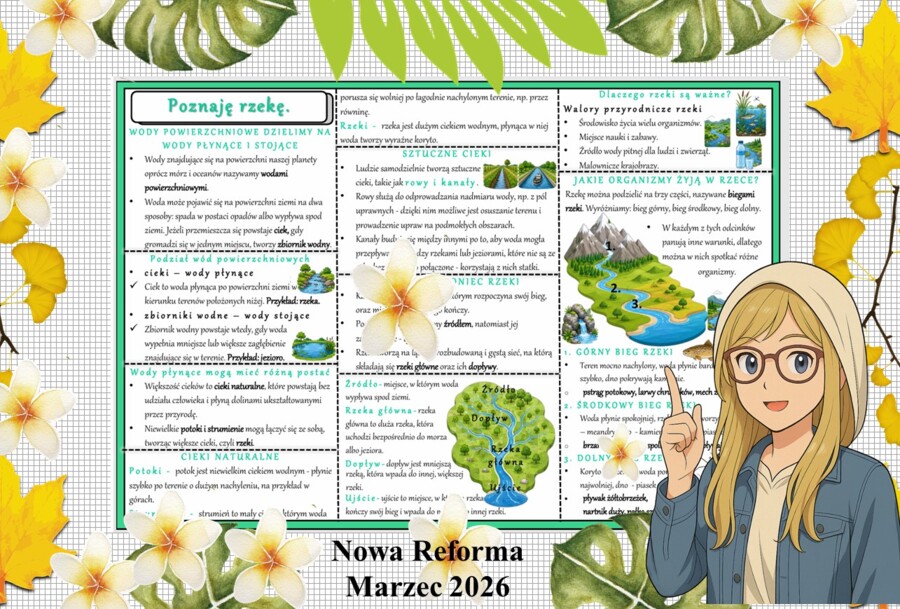 Sketchnotka/notatka - dla ucznia i przypomnienie dla nauczyciela w pdf. Temat "Poznaję rzekę". Przyroda 4. "Odkrywam przyrodę" zgodna z wydawnictwem Nowa Era. Dział "Życie w wodzie".