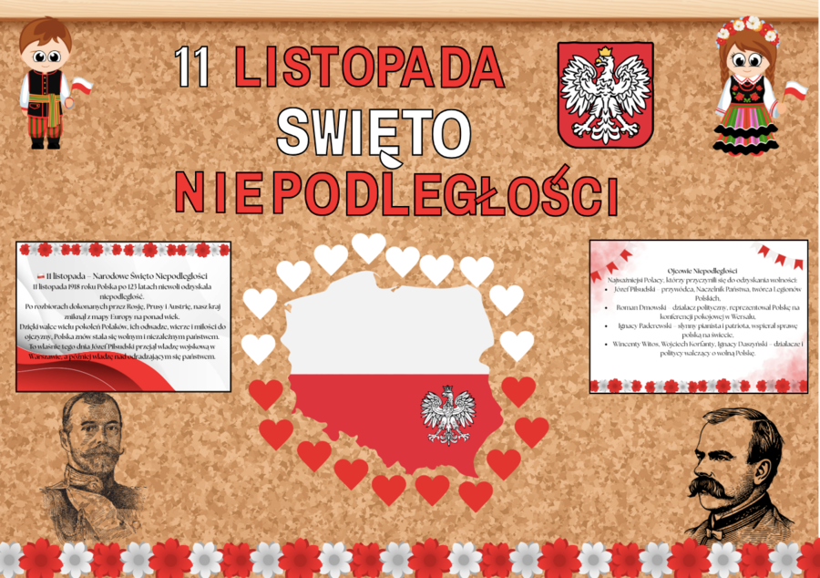 Gazetka na 11 listopada| Święto Niepodległości | Duży napis w formacie A4| 2 plansze informacyjne| duży plakat Józefa Piłsudskiego gratis!