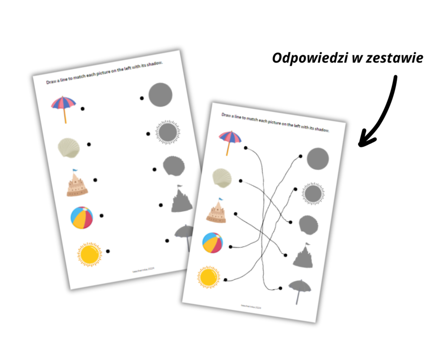 Summer Fun: Beach Vocabulary Worksheets for Preschoolers, Set- Letnia zabawa, zestaw kart pracy z plażowym słownictem, przedszkole, zerówka. Karty obrazkowe, labirynt, sudoku językowe , I spy, wakacje