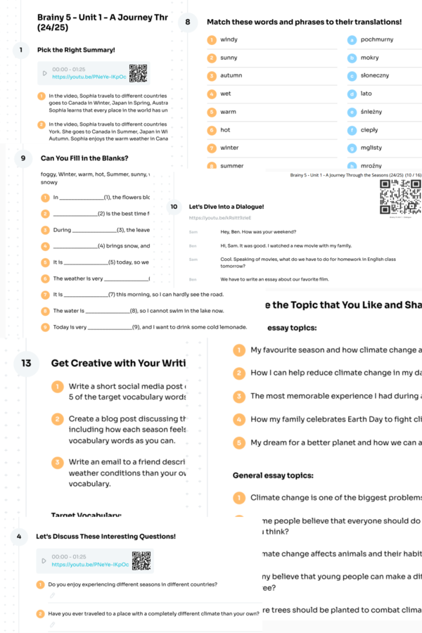Brainy 5 - Unit 1 - karta pracy - A Journey Through the Seasons (24/25) - weather, seasons, countries