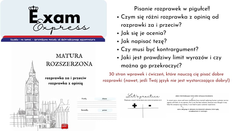 Exam Express, rozprawka na maturze rozszerzonej, rozprawka za i przeciw, rozprawka z opinią, no-prep