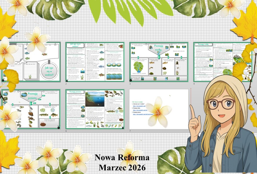 Średni - kompletny zestaw materiałów do jednego działu z przyrody "Życie w wodzie": sketchnotka, karta pracy w pdf i prezentacja multimedialna w genial.ly do edycji. Przyroda 4. "Odkrywam przyrodę" - dostosowane do wydawnictwa Nowa Era.