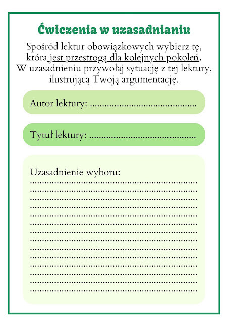 Ćwiczymy argumentowanie i utrwalamy treść lektur- karty z zadaniami na klasowym kursie redagowania wypowiedzi argumentacyjnej. Level 5