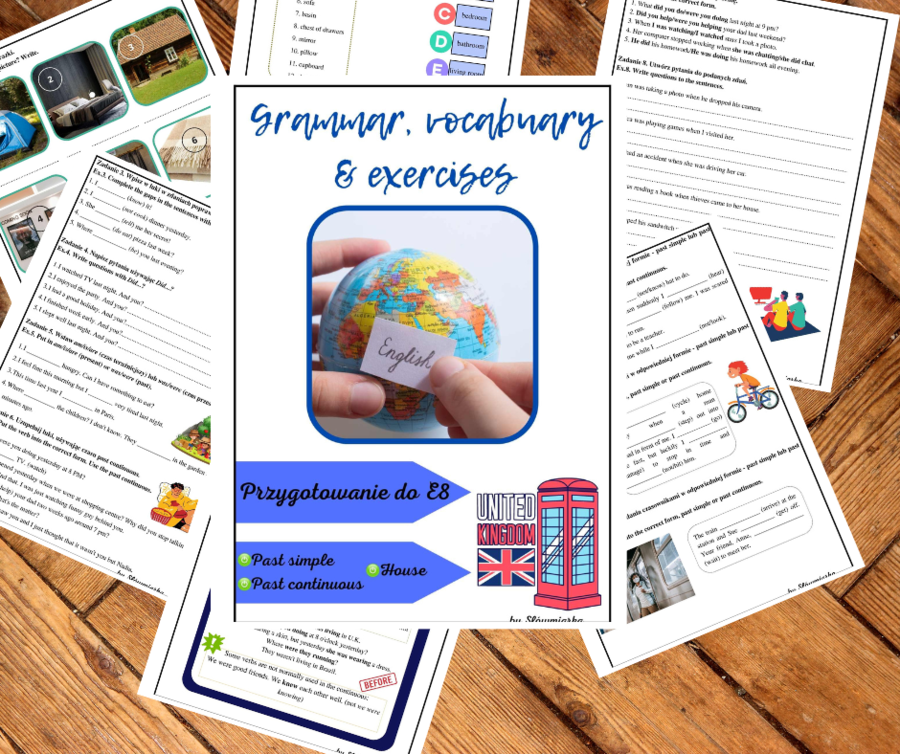 Angielski E8 – past simple, past continuous i słownictwo związane z domem – karta pracy aż 14 rozbudowanych zadań + infografika