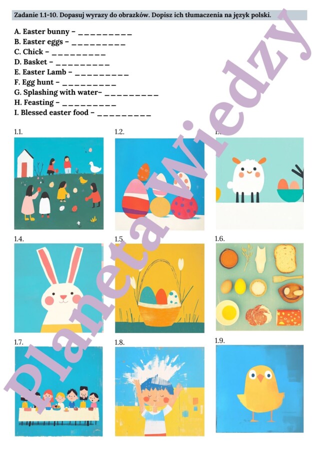 WIELKANOCNA KARTA PRACY- EASTER WORKSHEET_KLASY 4-8: SŁOWNICTWO WIELKANOCNE, ZWYCZJE POLSKIE I BRTYJSKIE, QUIZ O ZWYCZAJACH WIELKANOCNYCH NA ŚWIECIE + ODPOWIEDZI