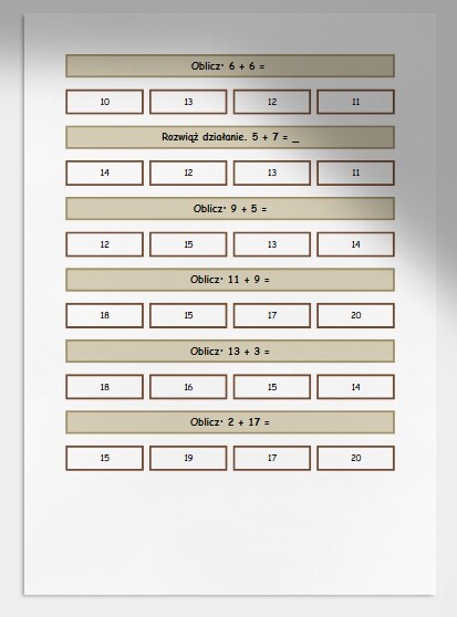 Dodawanie w zakresie do 20. Karta pracy. Sprawdzian