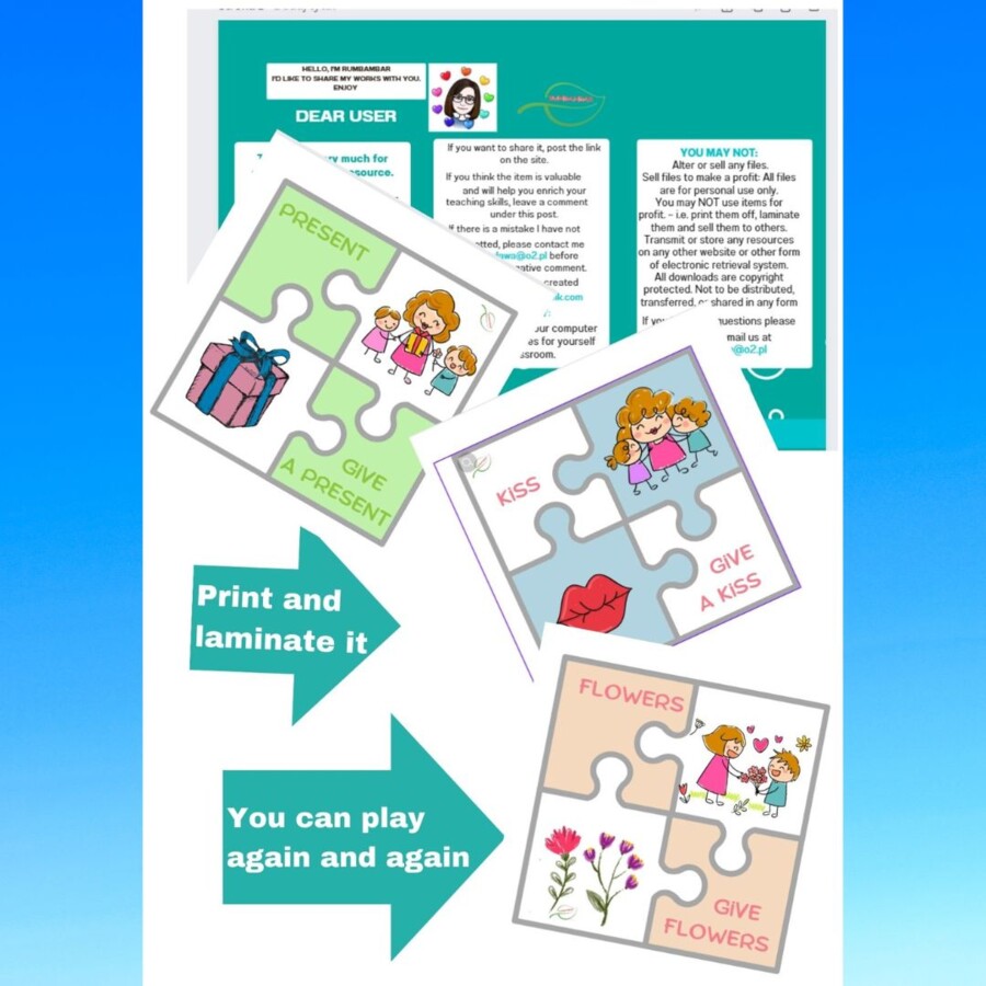 Mother's Day game pack/ Dzień Matki Karty obrazkowe, kupony, koło zadań, zgadywanki, puzzle, układanki Dobre dla SPE/ ZR/ RI