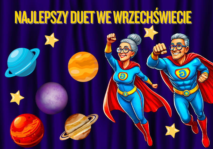 Gazetka na Dzień Babci I Dziadka' Najlepszy duet we Wrzechświecie"| Główna grafika to plakat 4 x A4| W zestawie puzzle- niespodzianka!