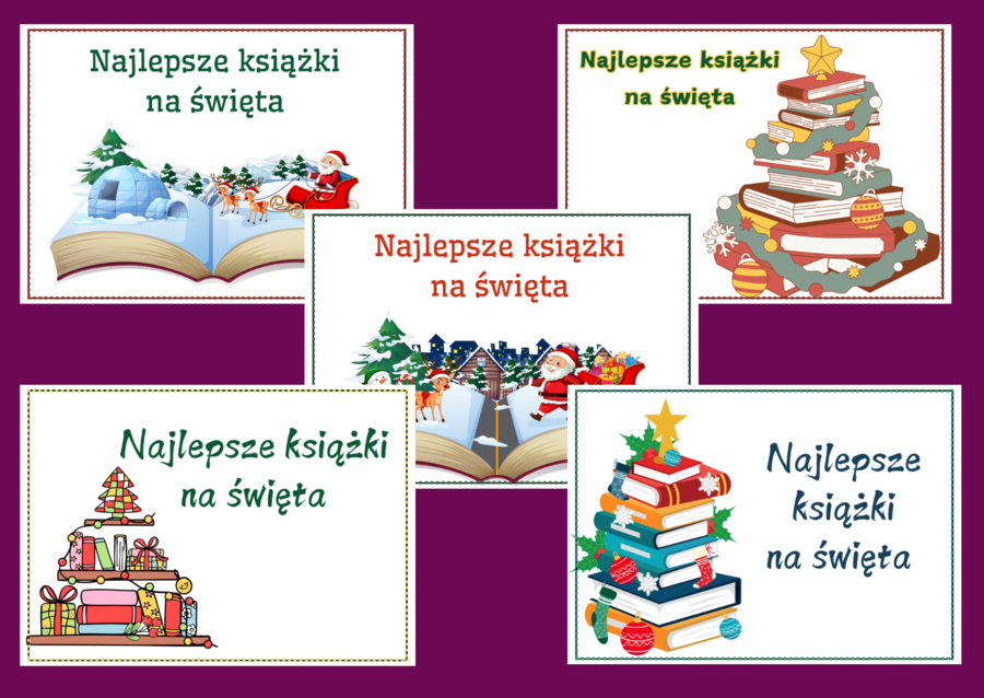 Najlepsze książki na święta – BIBLIOTEKA – Boże Narodzenie - gazetka- wystawka – napis – 10 wersji
