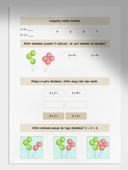 Dodawanie w zakresie do 10. Karta pracy. Sprawdzian.
