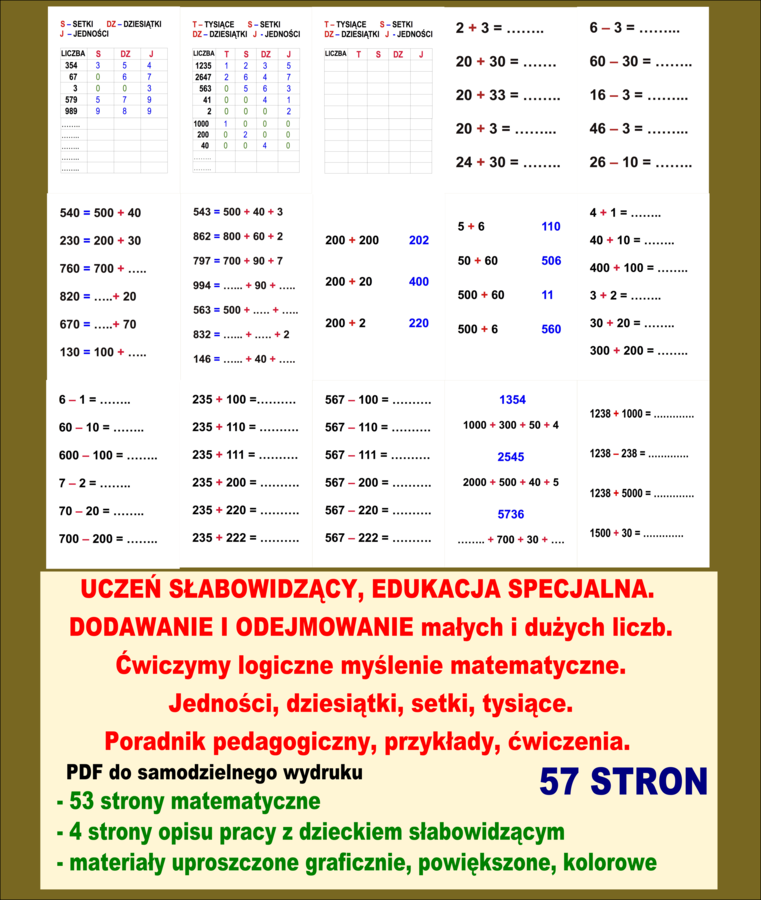 UCZEŃ SŁABOWIDZĄCY, EDUKACJA SPECJALNA.  DODAWANIE I ODEJMOWANIE małych i dużych liczb. Ćwiczymy logiczne myślenie matematyczne. Jedności, dziesiątki, setki, tysiące. Poradnik pedagogiczny, przykłady, ćwiczenia.