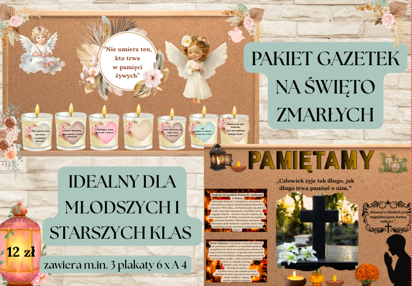 Pakiet gazetek na Święto Zmarłych| 3 plakaty 6 x A4| Idealny zestaw dla młodszych i starszych klas| 60 stron gotowych do druku