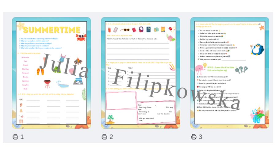 Summer Holidays / Wakacyjny zestaw zadań/ karta pracy / Gotowa lekcja / Lato / Wakacje / Zadania/ Mówienie/ Słownictwo/ Klasy 4-6 Materiał cyfrowy