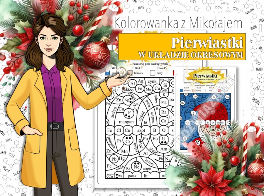 Klasa 7. Chemia. Pierwiastki. Praca z układem okresowym. Christmas. Święta Bożego Narodzenia. Mikołaj. Chemiczna kolorowanka. Karta pracy. Zadanie. Święta. Christmas.
