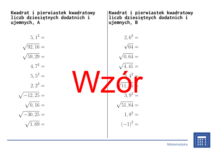 Kwadrat i pierwiastek kwadratowy liczb dziesiętnych dodatnich i ujemnych | matematyka | 26 kolumn