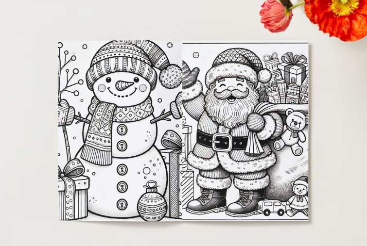 Kolorowanki świąteczne. Pudełka na prezenty. Bałwanek z prezentami. Mikołaj. Choinka. Świąteczny wzór.