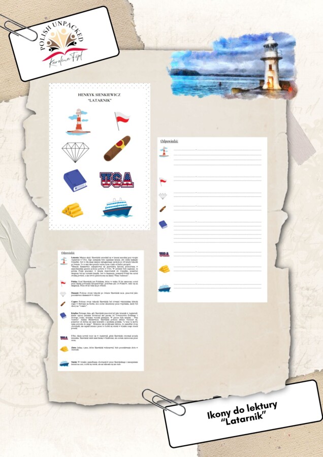 Ikony (obrazki, symbole) + odpowiedzi "Latarnik" Henryk Sienkiewicz, język polski, egzamin ósmoklasisty, lektura obowiązkowa klasa 7-8