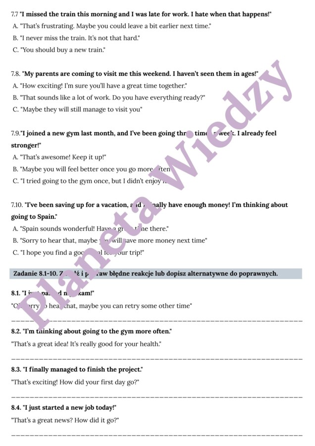 REAKCJE JĘZYKOWE - Zbiór zadań do egzaminu ósmoklasisty z języka angielskiego. Poziom A2/A2+ - codzienne sytuacje, uzupełnianie dialogów, tłumaczenie, dopasowywanie pytań