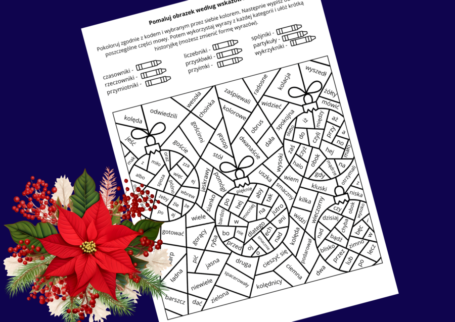 🎄✨CZĘŚCI MOWY - Kolorowanka ze stroikiem bożonarodzeniowym – edukacyjna i świąteczna! - 🎅Boże Narodzenie - GRAMATYKA - nauka o języku - klasy 6-8