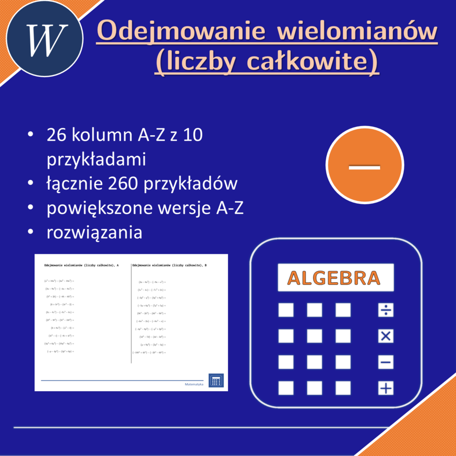 Odejmowanie wielomianów (liczby całkowite) | matematyka, algebra | 26 kolumn