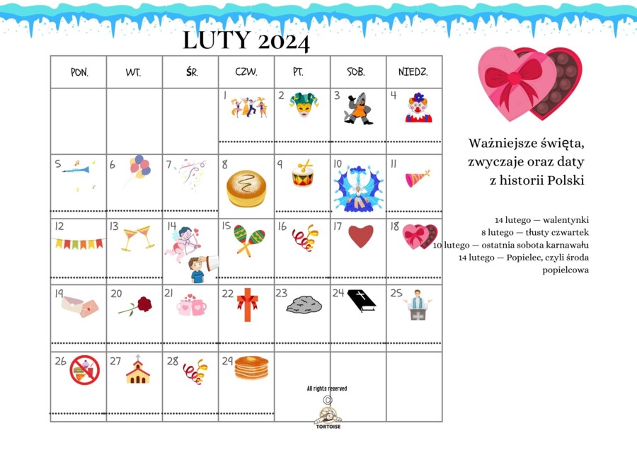 Kalendarz dla uczniów uczących się języka polskiego jako obcego na rok 2024 z ćwiczeniami