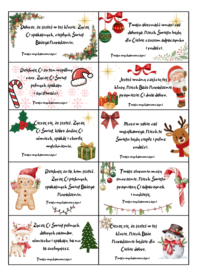 Życzenia dla uczniów - bileciki świąteczne dla klas 4-8