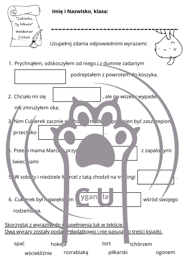 Karty Pracy z odpowiedziami do lektury „Cukierku, ty łobuzie!” Waldemara Cichonia