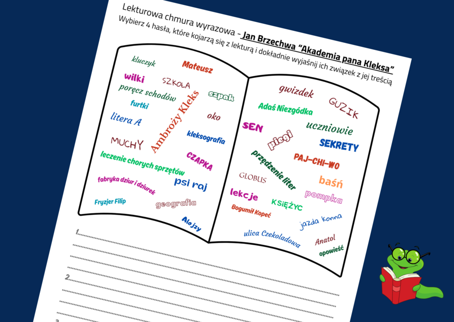 Lekturowa chmura wyrazowa - AKADEMIA PANA KLEKSA – lektury obowiązkowe – chmura - karta pracy – EGZAMIN – powtórka