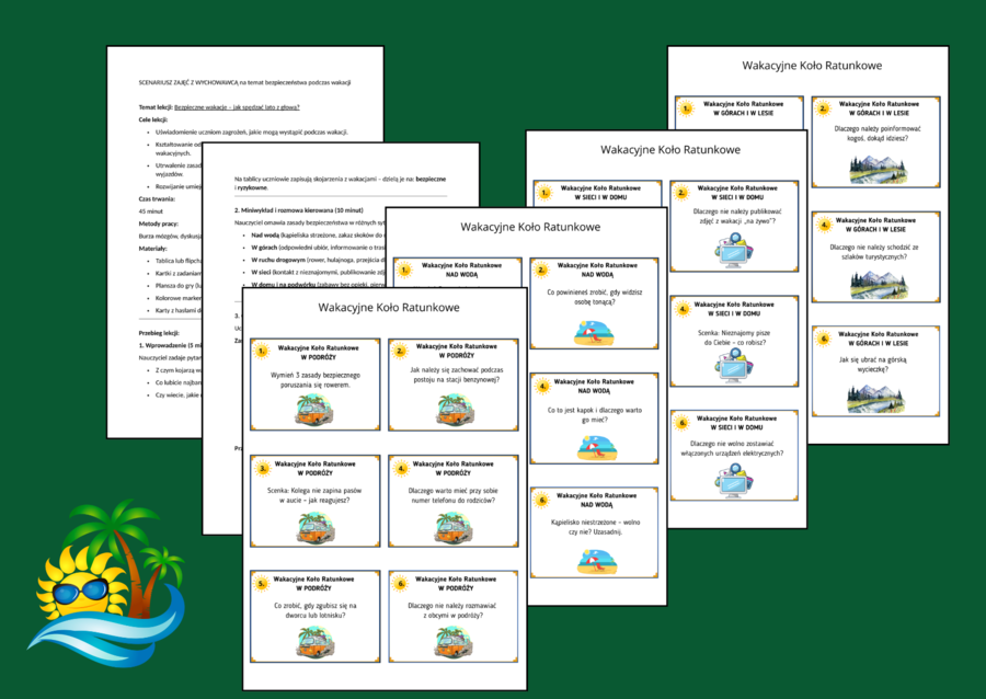 BEZPIECZNE WAKACJE – scenariusz lekcji i gra WAKACYJNE KOŁO RATUNKOWE + odpowiedzi – 48 fiszek – ZAJĘCIA Z WYCHOWAWCĄ – biblioteka – świetlica – klasy 4-8 –wakacje - lato
