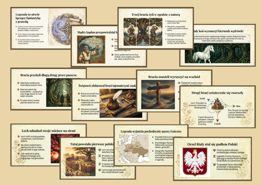 🦅LEGENDA O LECHU, CZECHU I RUSIE - legendy - prezentacja 12 slajdów + tekst legendy