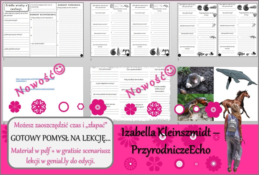 Pomysł na lekcję/karta pracy/stacje zadaniowe/notatki/ materiał do lekcji do tematu „Źródła wiedzy o ewolucji.” w pdf. W gratisie niekomercyjny scenariusz lekcji/pomysł na lekcję w programie genial.ly do edycji. Biologia 8. Dział „Ewolucja życia”.