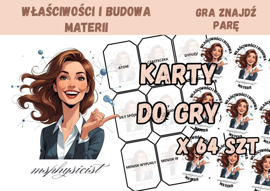 POWTÓRZENIE: WŁAŚCIWOŚCI I BUDOWA MATERII – klasa 7 – lekcja powtórzeniowa – GRA dydaktyczna. Memory. Memo. ZNAJDŹ PARĘ! CZARNY PIOTRUŚ. MOC powtórki.