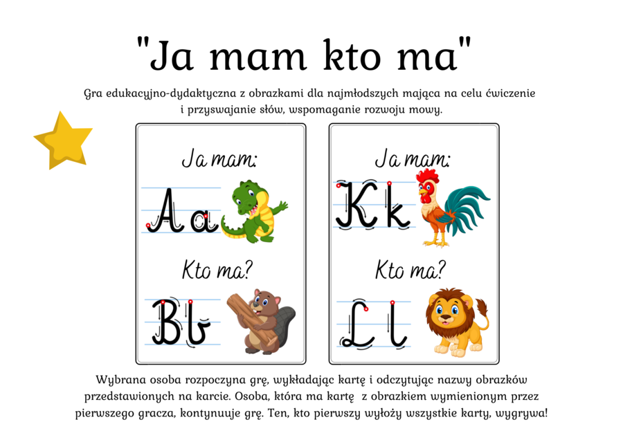 Gra dydaktyczna "Ja mam kto ma" ?️Alfabet - wersja pisana - (kolorowa) - 24 karty 5 zł (Od A do Z)