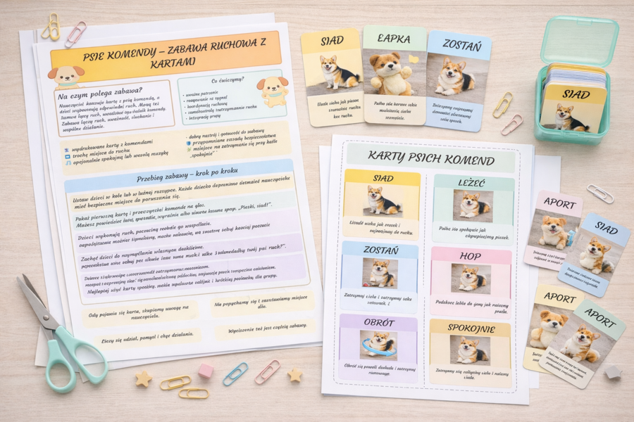 Psie komendy – zabawa ruchowa z kartami