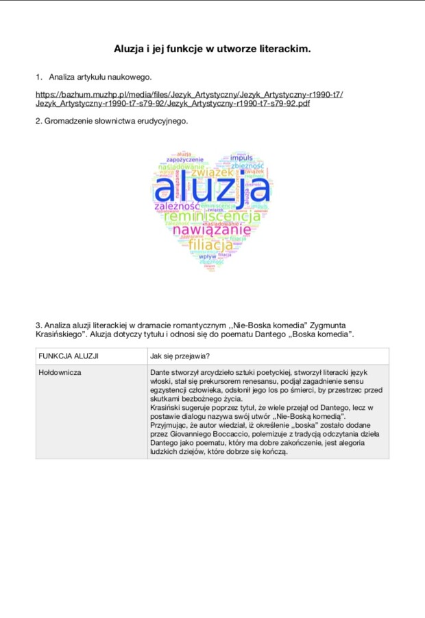Aluzja i jej funkcje w utworze literackim na przykładzie ,,Nie-Boskiej Komedii" Zygmunta Krasińskiego.