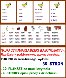 NAUKA CZYTANIA DLA DZIECI SŁABOWIDZĄCYCH. Rozróżniamy podobne słowa, łączymy dwa słowa. PLIK PDF do samodzielnego wydruku .