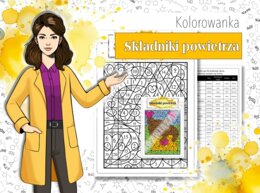 Klasa 7. Chemia. Kolorowanka naukowa na temat składników powietrza (tlen, dwutlenek węgla, wodór, hel).