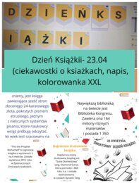 Pakiet na Dzień Książki (ciekawostki, kolorowanka XXL, A4, napis, plakaty)