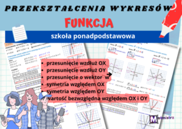 Przekształcenia wykresów funkcji-przesunięcie wzdłuż OX, przesunięcie wzdłuż OY, przesunięcie o wektor, symetria względem OX, symetria względem OY, wartość bezwzględna względem OX i OY..