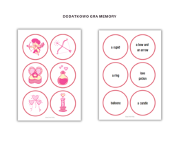 Valentine's Day Vocabulary - Angielski na Waletynki, zestaw 4 kart pracy do ćwiczenia słownictwa związanego z miłością, związkami i walentynkami + dodatkowa gra memory z 18 słówkami