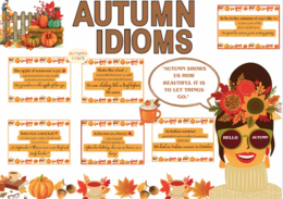 Gazetka „Autumn Idioms”| łącznie 45 stron |rozmiar A4i mniejszy| duży plakat z Panią Jesienią| 3 grafiki- niespodzianki\ Edukacyjna dekoracja sali językowej i nie tylko!