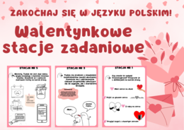 Stacje zadaniowe, walentynkowa lekcja języka polskiego, walentynki, części mowy, odmiana przez przypadki