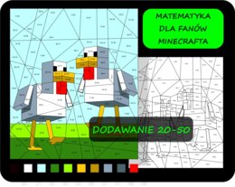 Kolorowanka matematyczna z Minecraft, pokoloruj według wyników dodawania 20-50, dla fanów Minecrafta, doddawanie