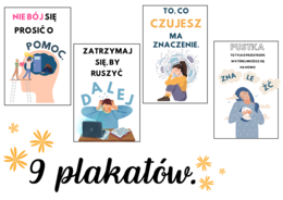 9 kolorowych plakatów do pokoju pedagoga/psychologa, na gazetkę szkolną. Minimalistyczne. Zdrowie psychiczne