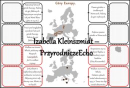 Notatka okienkowa/stacja zadaniowe/notatka interaktywna/notatka graficzna/karta pracy/sketchnotka „Góry 1Polski i Europy” , „Położenie gór na mapie Polski i Europy” w pdf do SP. Geografia 7 , dział „Środowisko przyrodnicze Polski”. Materiał wykonany na p